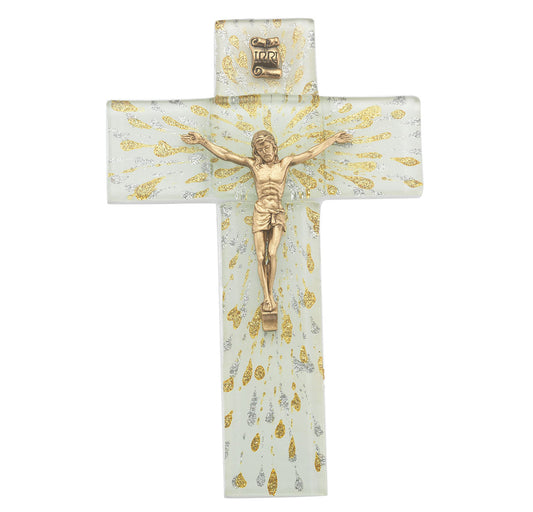 Medium Catholic Silver and Gold Glass Crucifix, 7", for Home, Office, Over Door