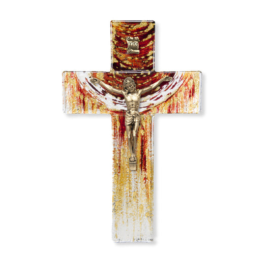 Medium Catholic Red and Gold Glass Cross, 7", for Home, Office, Over Door