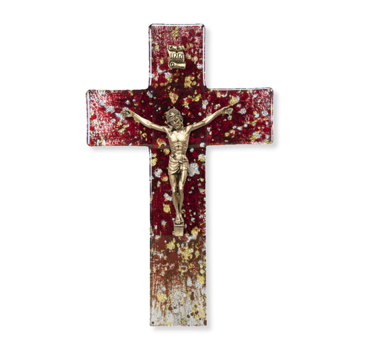 Medium Catholic Deep Red Glass Crucifix, 7", for Home, Office, Over Door
