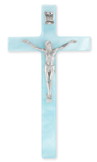 Medium Catholic Blue Pearlized Crucifix 7 Inch Decor