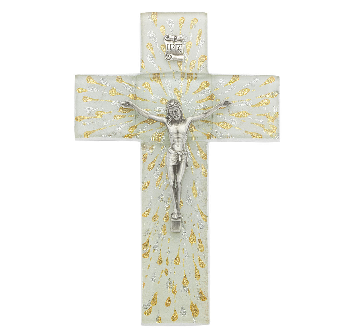 Medium Catholic Silver and Gold Glass Crucifix, 7", for Home, Office, Over Door