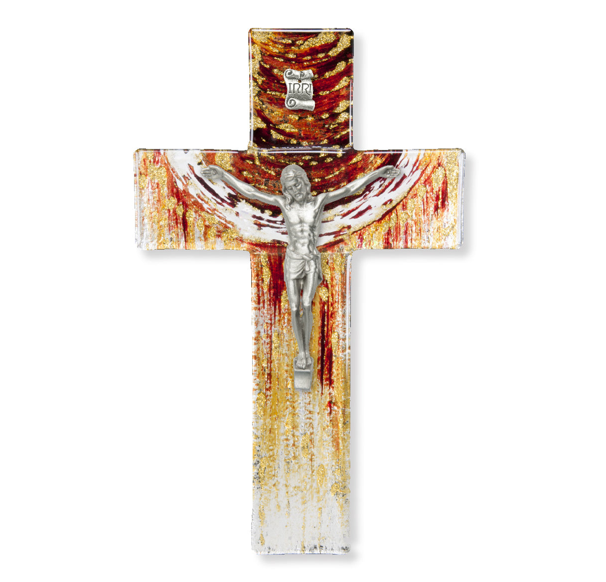 Medium Catholic Red and Gold Glass Crucifix, 7", for Home, Office, Over Door