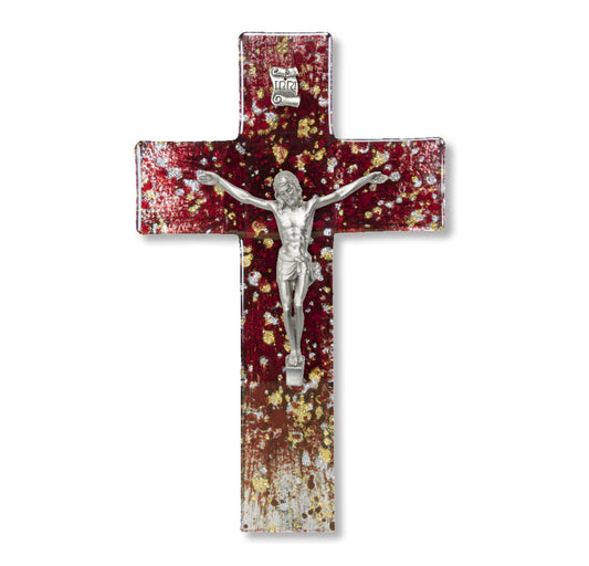 Medium Catholic Deep Red and Speckled Gold and Silver Glass Crucifix, 7", for Home, Office, Over Door