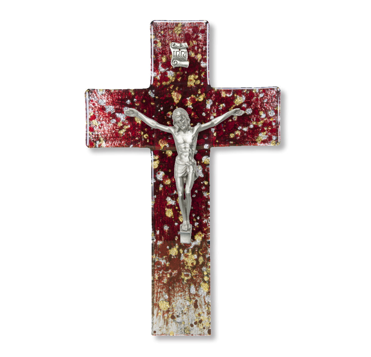 Medium Catholic Deep Red and Speckled Gold Glass Crucifix