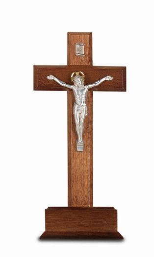 Large Catholic Walnut Wood Standing Crucifix 10 Inch for Home Office