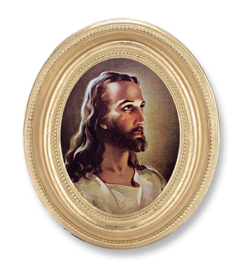 Head of Christ Picture Framed Print Small Oval Gold-Leaf Frame