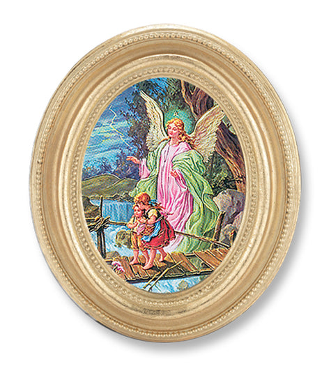 Guardian Angel Picture Framed Print Small Oval Gold-Leaf Frame