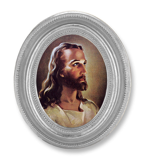 Head of Christ Picture Framed Print Small Oval Silver-Leaf Frame