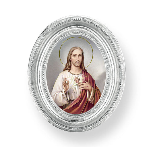 Sacred Heart of Jesus Picture Framed Print, Small, Oval Silver-Leaf Frame