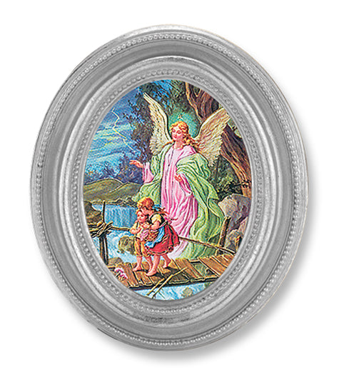 Guardian Angel Picture Framed Print Small Oval Silver-Leaf Frame