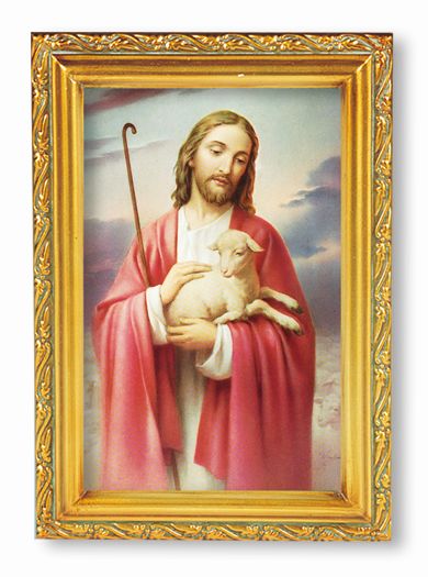 Good Shepherd Picture Framed Wall Art Decor Small Antique Gold-Leaf Frame