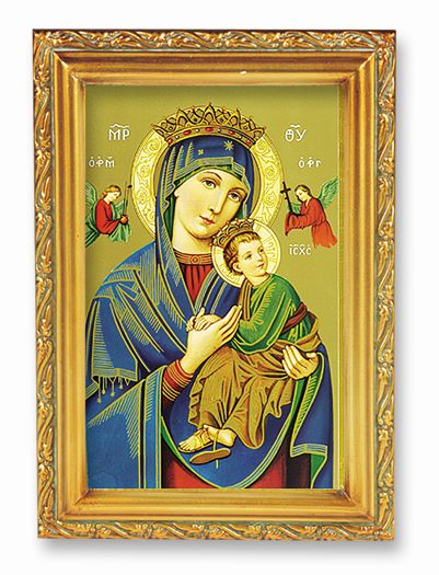 Our Lady of Perpetual Help Picture Framed Wall Art Decor Small Antique Gold-Leaf Frame with Acanthus-Leaf Edging