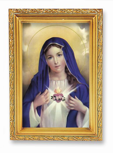 Immaculate Heart of Mary Picture Framed Wall Art Decor, Small, Antique Gold-Leaf Finished Frame with Acantus-Leaf Edging