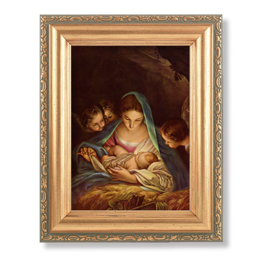 Mary and Jesus with Angels Picture Framed Wall Art Decor Small, Antique Gold-Leaf Finished Frame with Acantus-Leaf Edging