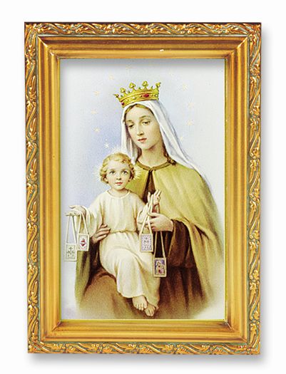 Our Lady of Mount Carmel Picture Framed Wall Art Decor Small, Antique Gold-Leaf Finished Frame with Acantus-Leaf Edging
