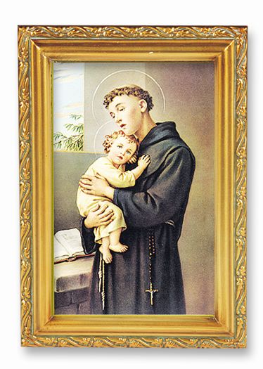 St. Anthony Picture Framed Wall Art Decor Small, Antique Gold-Leaf Finished Frame with Acantus-Leaf Edging