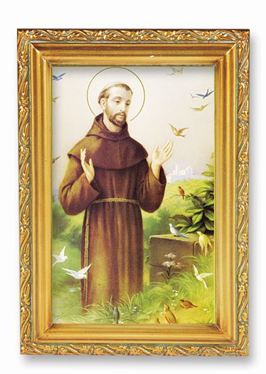 St. Francis Picture Framed Wall Art Decor Small, Antique Gold-Leaf Finished Frame with Acantus-Leaf Edging