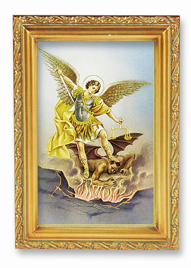 St. Michael Picture Framed Wall Art Decor Small, Antique Gold-Leaf Finished Frame with Acantus-Leaf Edging