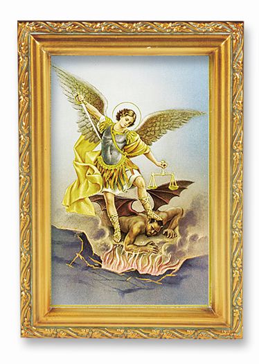 St. Michael Picture Framed Wall Art Decor Small Antique Gold Frame