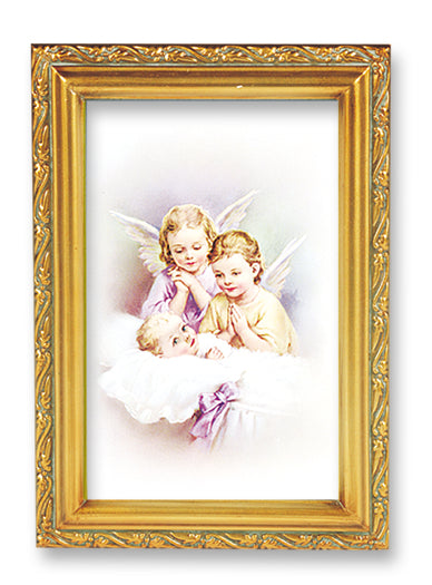 Guardian Angels Picture Framed Wall Art Decor Small, Antique Gold-Leaf Finished Frame with Acantus-Leaf Edging