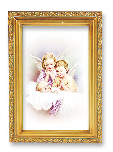 Guardian Angels Picture Framed Wall Art Decor Small Antique Gold-Leaf Frame