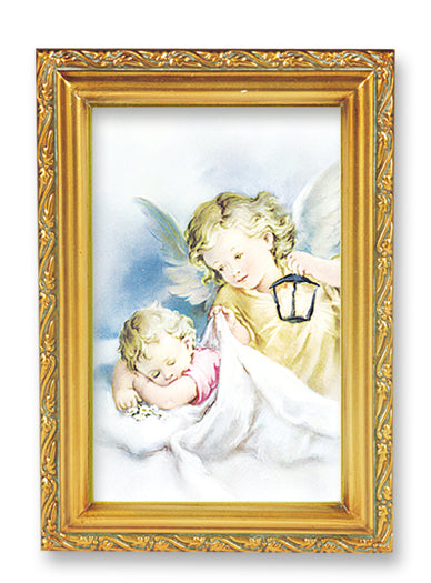 Guardian Angel with Lantern Picture Framed Wall Art Decor Small, Antique Gold-Leaf Finished Frame with Acantus-Leaf Edging