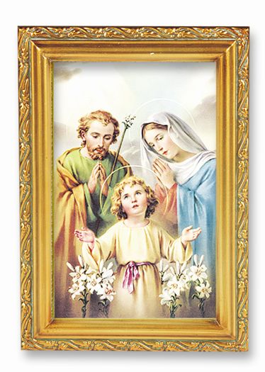 Holy Family Picture Framed Wall Art Decor, Small, Antique Gold-Leaf Finished Frame with Acantus-Leaf Edging