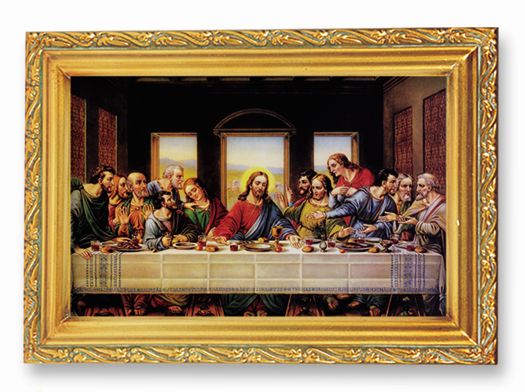 Last Supper Picture Framed Wall Art Decor Small, Antique Gold-Leaf Finished Frame with Acantus-Leaf Edging