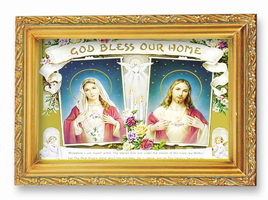 The Sacred Hearts Picture Framed Wall Art Decor, Small, Antique Gold-Leaf Finished Frame with Acantus-Leaf Edging