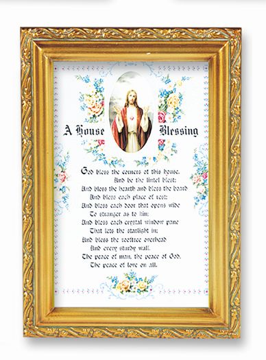 Sacred Heart of Jesus House Blessing Picture Framed Wall Art Decor Small, Antique Gold-Leaf Finished Frame with Acantus-Leaf Edging