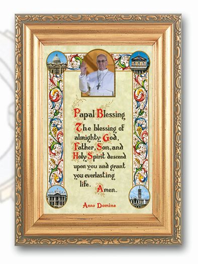 Pope Francis Blessing Picture Framed Wall Art Decor Small, Antique Gold-Leaf Finished Frame with Acantus-Leaf Edging