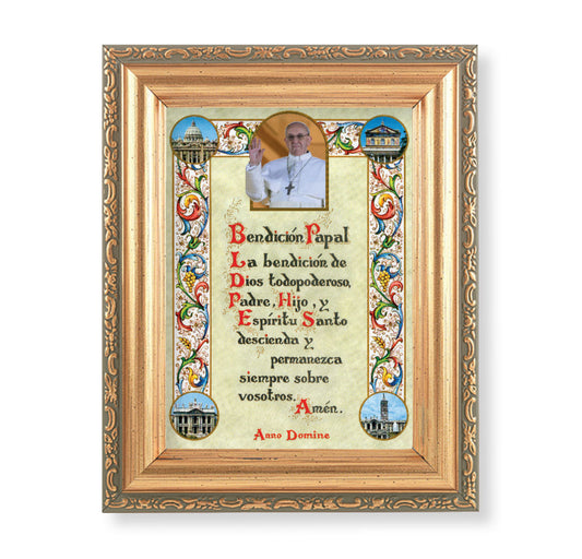 Pope Francis Blessing (Spanish) Picture Framed Wall Art Decor Small, Antique Gold-Leaf Finished Frame with Acantus-Leaf Edging