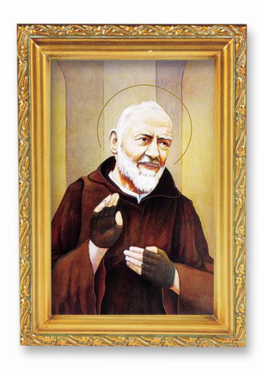 St. Pio Picture Framed Wall Art Decor Small, Antique Gold-Leaf Finished Frame with Acantus-Leaf Edging