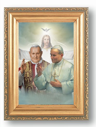 St. John Paul II and St. John XXIII Picture Framed Wall Art Decor Small, Antique Gold-Leaf Finished Frame with Acantus-Leaf Edging