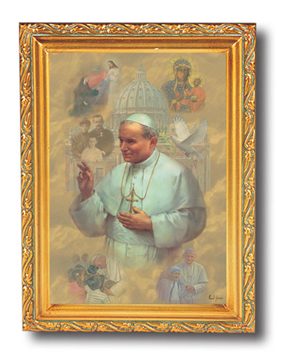 St. John Paul II Picture Framed Wall Art Decor Small, Antique Gold-Leaf Finished Frame with Acantus-Leaf Edging