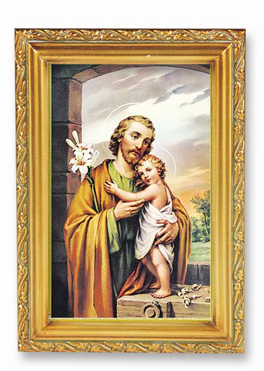 St. Joseph Picture Framed Wall Art Decor Small, Antique Gold-Leaf Finished Frame with Acantus-Leaf Edging