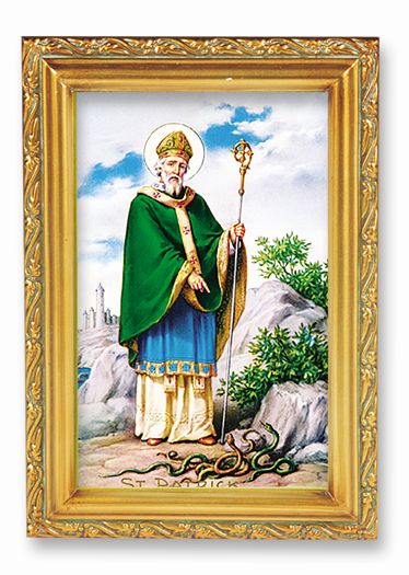 St. Patrick Picture Framed Wall Art Decor Small, Antique Gold-Leaf Finished Frame with Acantus-Leaf Edging