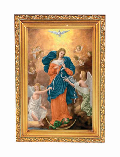 Our Lady Untier of Knots Picture Framed Wall Art Decor Small, Antique Gold-Leaf Finished Frame with Acantus-Leaf Edging