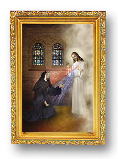 St. Faustina with Divine Mercy Picture Framed Wall Art Decor Small, Antique Gold-Leaf Finished Frame with Acantus-Leaf Edging