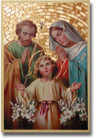Holy Family Gold Foil Mosaic Plaque, Small, Wood Plaque Features a Prayer in Color on Back