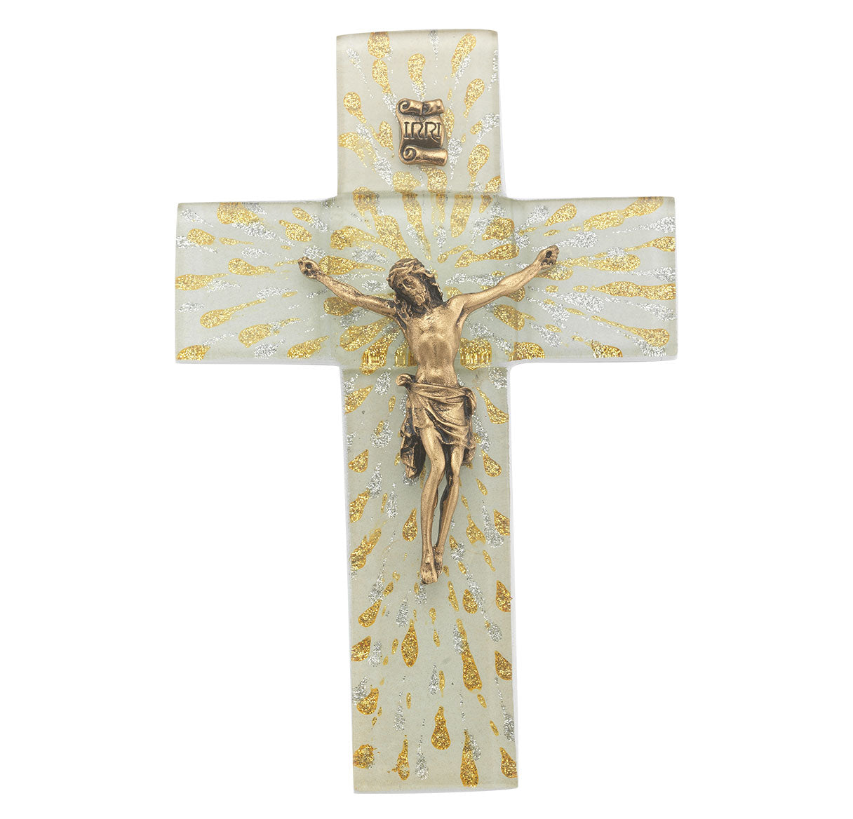 Medium Catholic Gold and Silver Glass Crucifix, 7", for Home, Office, Over Door