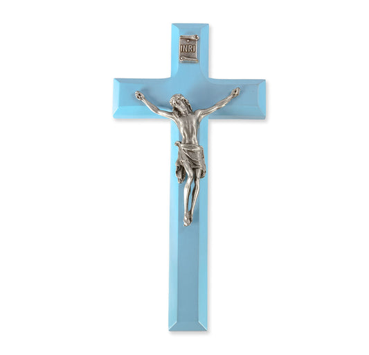 Medium Catholic Blue Wood Crucifix, 7", for Home, Office, Over Door