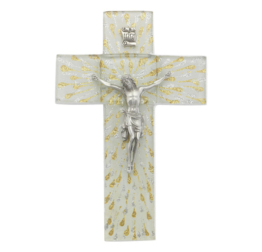 Medium Catholic Gold and Silver Glass Crucifix, 7", for Home, Office, Over Door