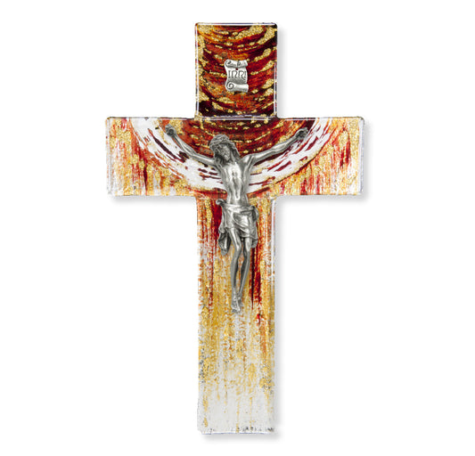 Medium Catholic Red and Gold Glass Crucifix, 7", for Home, Office, Over Door