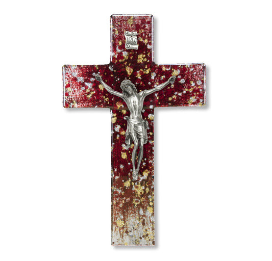 Medium Catholic Deep Red Glass Crucifix, 7", for Home, Office, Over Door