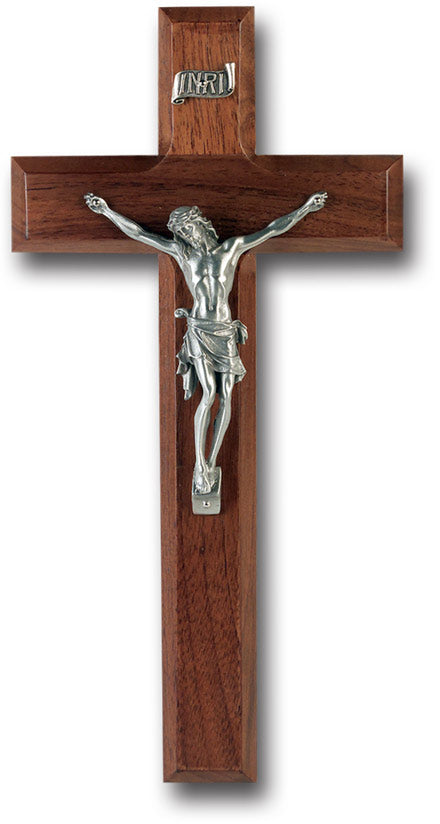 Large Catholic Genuine Walnut Wood Wall Crucifix 10 Inch