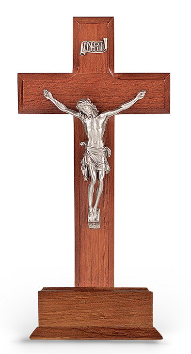 Large Catholic Walnut Wood Standing Crucifix, 10", for Home, Office