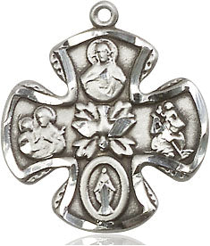 Extel Medium Pewter Traditional Catholic 5-Way Cross Cruciform Pendant with 18" chain with Miraculous Medal, St. Joseph, St. Christopher and Sacred Heart, Made in USA