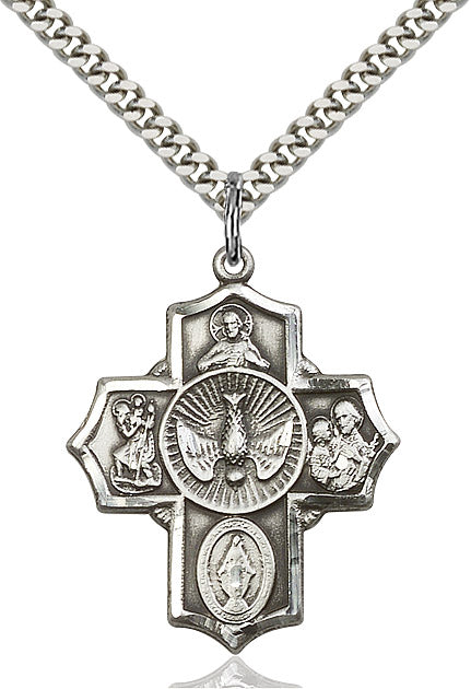 Extel Large Sterling Silver Traditional Catholic 5-Way Cross Cruciform Pendant with 24" chain