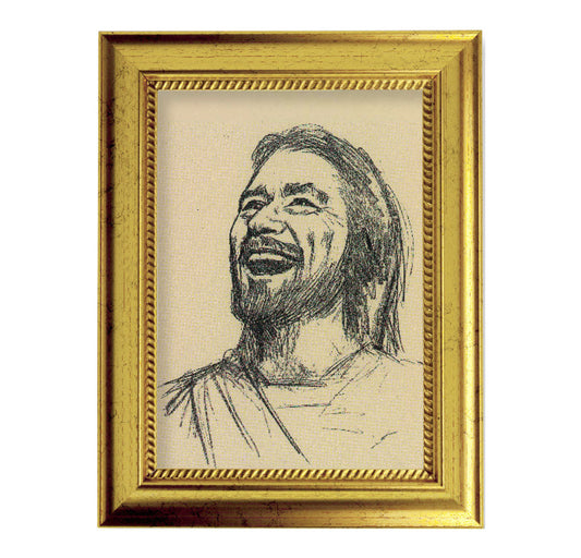 Laughing Jesus Picture Framed Wall Art Decor Small, Antique Gold-Leaf Frame with Rope Detailed Lip
